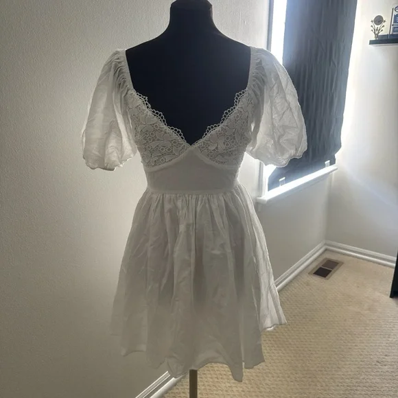Princess Polly Krysten White Lace-Trim Puff Sleeve Mini Dress - Picture 2 of 8